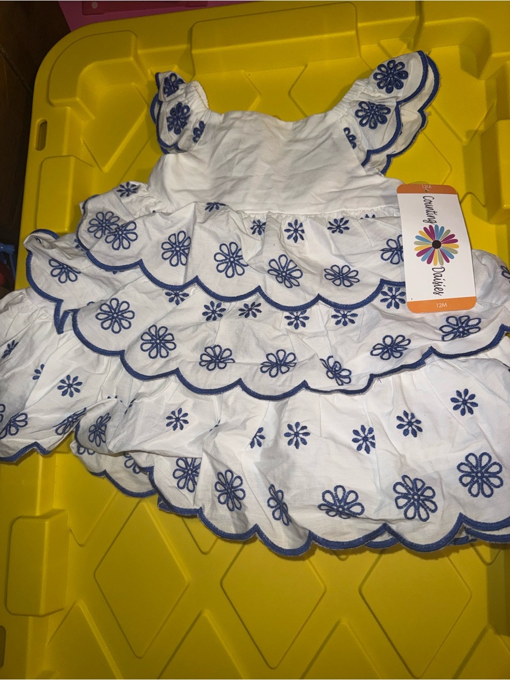 Children's White Tiered Eyelet Dress with Blue Embroidery and bloomers